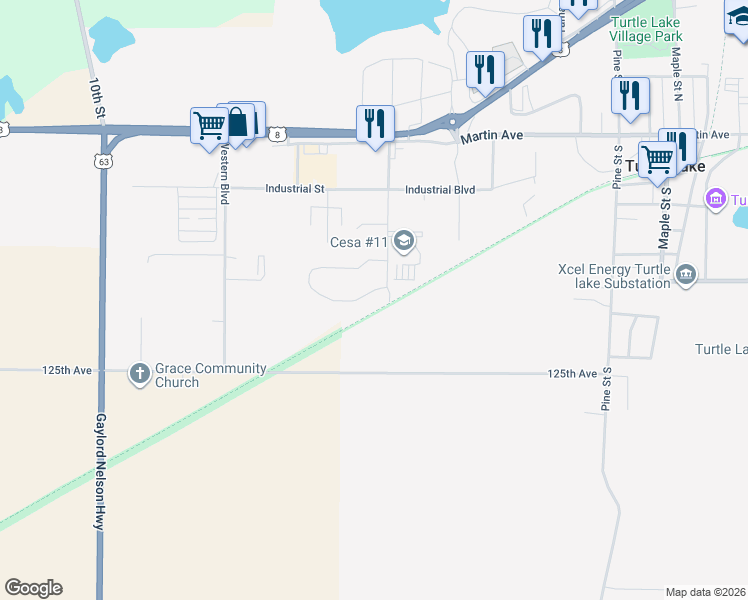 map of restaurants, bars, coffee shops, grocery stores, and more near 107 Elizabeth Court in Turtle Lake