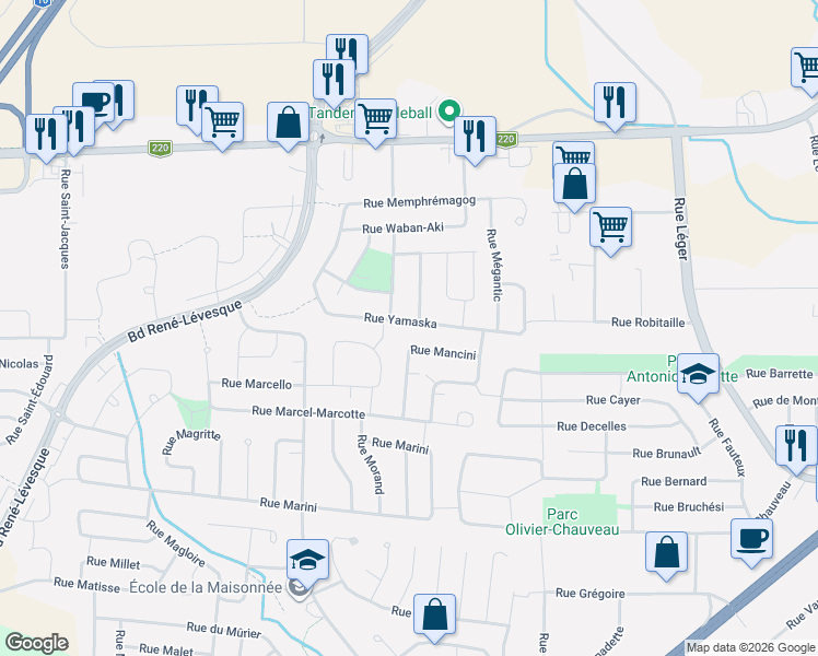 map of restaurants, bars, coffee shops, grocery stores, and more near 4684 Rue Yamaska in Sherbrooke