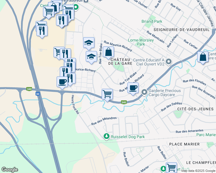 map of restaurants, bars, coffee shops, grocery stores, and more near 138 Rue Maurice-Richard in Vaudreuil-Dorion