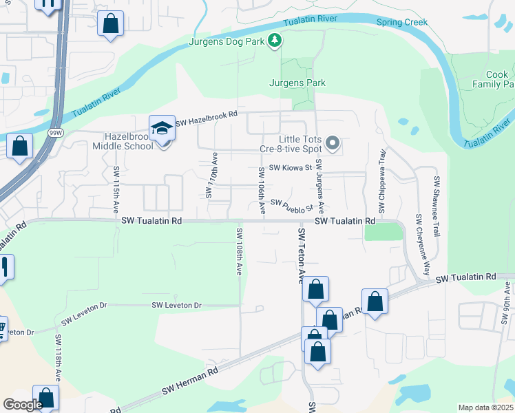 map of restaurants, bars, coffee shops, grocery stores, and more near 17979 Southwest 106th Avenue in Tualatin