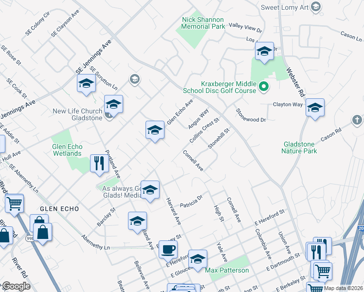 map of restaurants, bars, coffee shops, grocery stores, and more near 520 Collins Crest Street in Gladstone