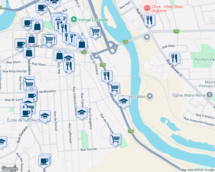 map of restaurants, bars, coffee shops, grocery stores, and more near 1037 Rue Wellington Sud in Sherbrooke