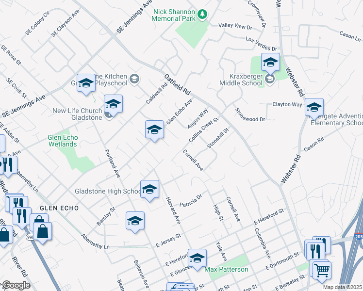 map of restaurants, bars, coffee shops, grocery stores, and more near 540 Collins Crest Street in Gladstone