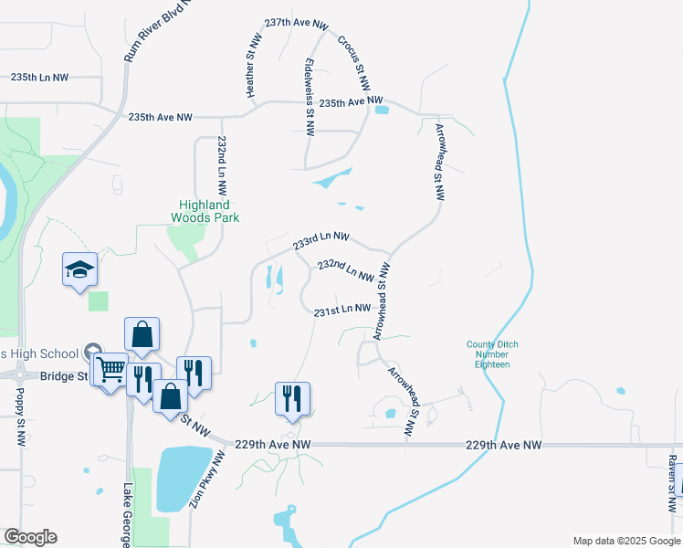 map of restaurants, bars, coffee shops, grocery stores, and more near 23188 Dahlia Street Northwest in Saint Francis
