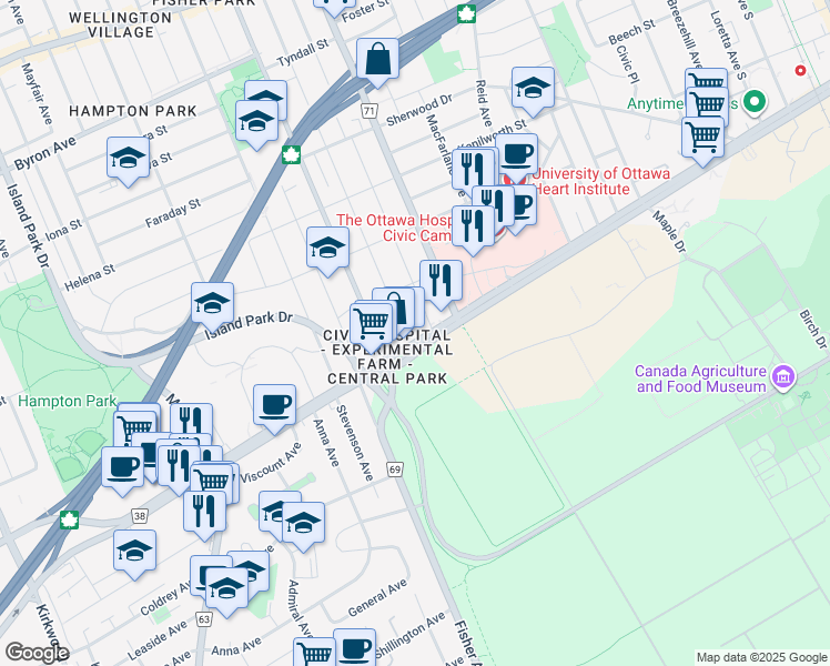 map of restaurants, bars, coffee shops, grocery stores, and more near 1095 Carling Avenue in Ottawa