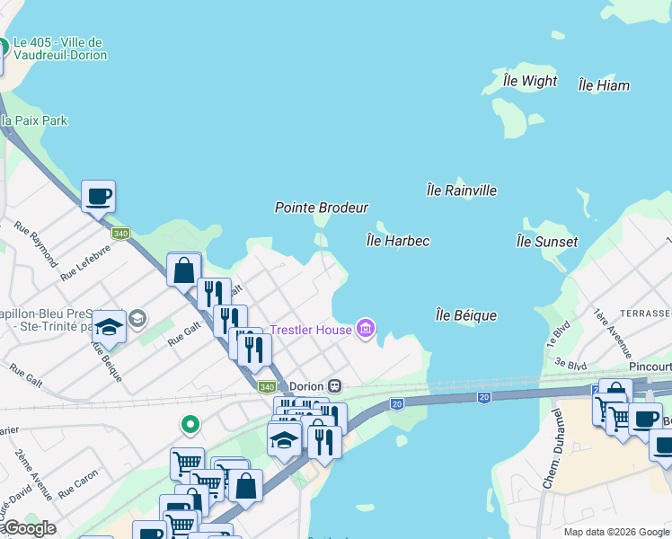 map of restaurants, bars, coffee shops, grocery stores, and more near 8 Avenue de la Pointe Brodeur in Vaudreuil-Dorion