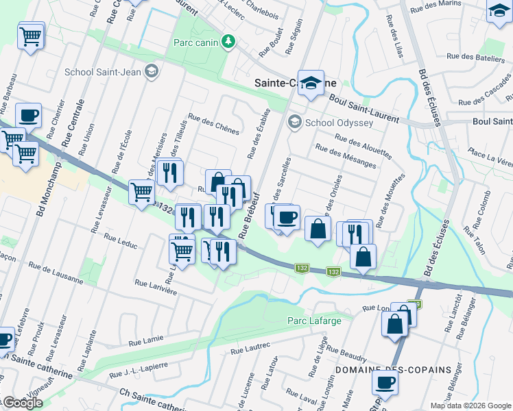 map of restaurants, bars, coffee shops, grocery stores, and more near 1529 Rue Brébeuf in Sainte-Catherine