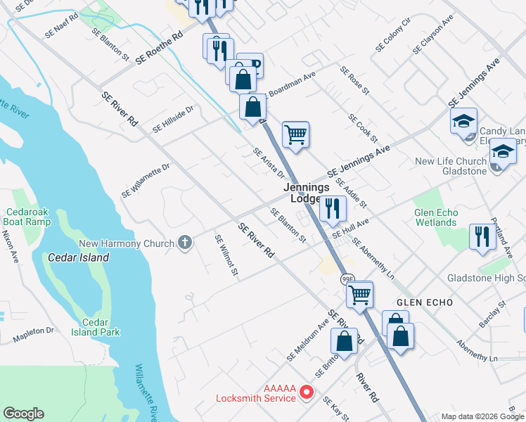 map of restaurants, bars, coffee shops, grocery stores, and more near 4620 Southeast Jennings Avenue in Milwaukie