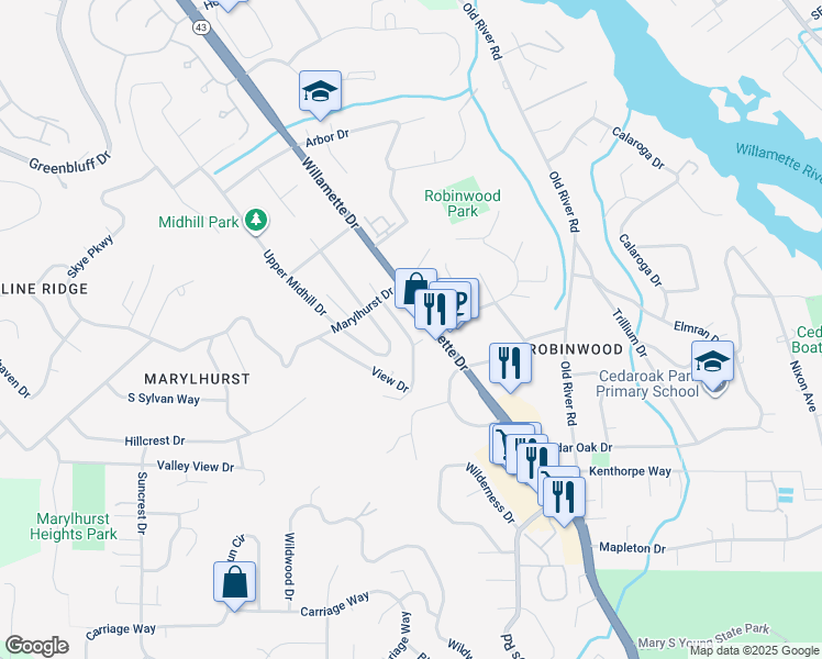 map of restaurants, bars, coffee shops, grocery stores, and more near 19590 View Drive in West Linn