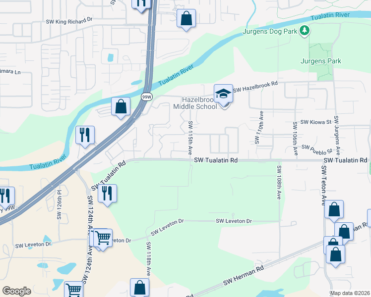 map of restaurants, bars, coffee shops, grocery stores, and more near 17975 Southwest 115th Avenue in Tualatin