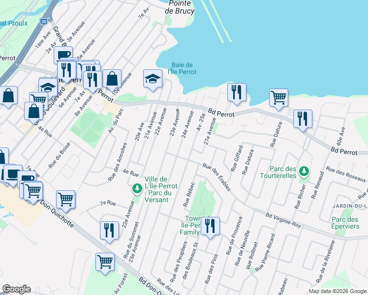 map of restaurants, bars, coffee shops, grocery stores, and more near 261 24e Avenue in L'Île-Perrot