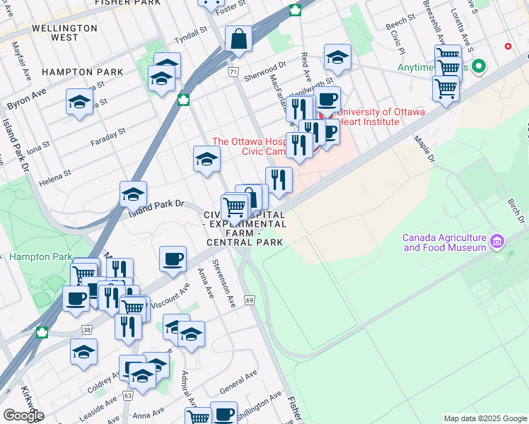map of restaurants, bars, coffee shops, grocery stores, and more near 1095 Carling Avenue in Ottawa