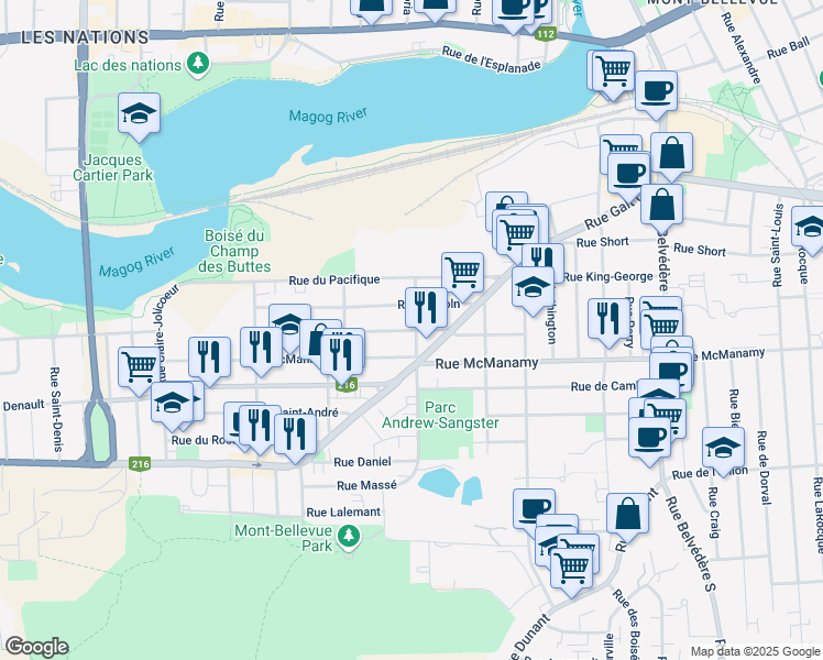 map of restaurants, bars, coffee shops, grocery stores, and more near 1177 Rue Champlain in Sherbrooke