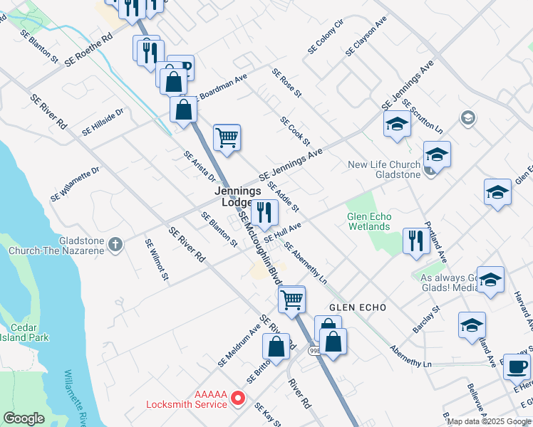 map of restaurants, bars, coffee shops, grocery stores, and more near 18310 Southeast Abernethy Lane in Milwaukie