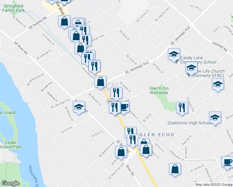 map of restaurants, bars, coffee shops, grocery stores, and more near 18410 Southeast McLoughlin Boulevard in Milwaukie