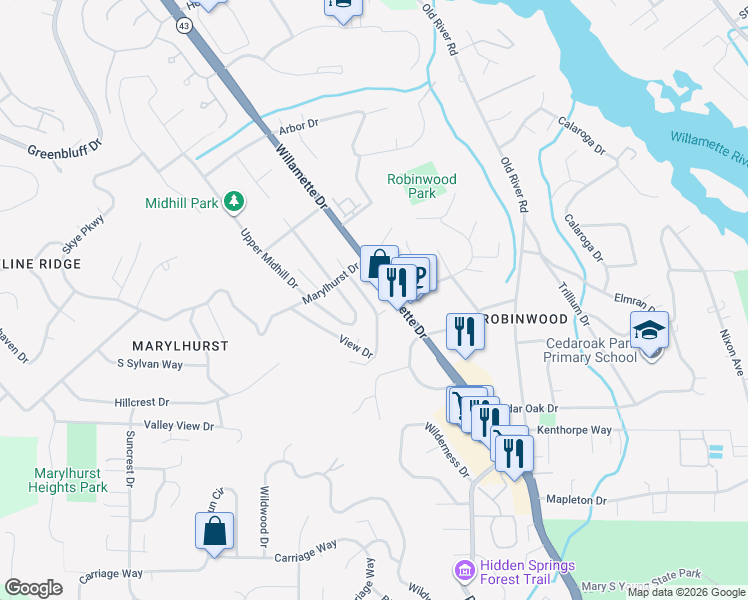 map of restaurants, bars, coffee shops, grocery stores, and more near 19590 View Drive in West Linn
