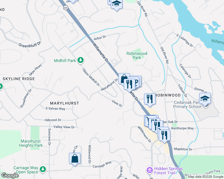 map of restaurants, bars, coffee shops, grocery stores, and more near 18660 Midhill Circle in West Linn