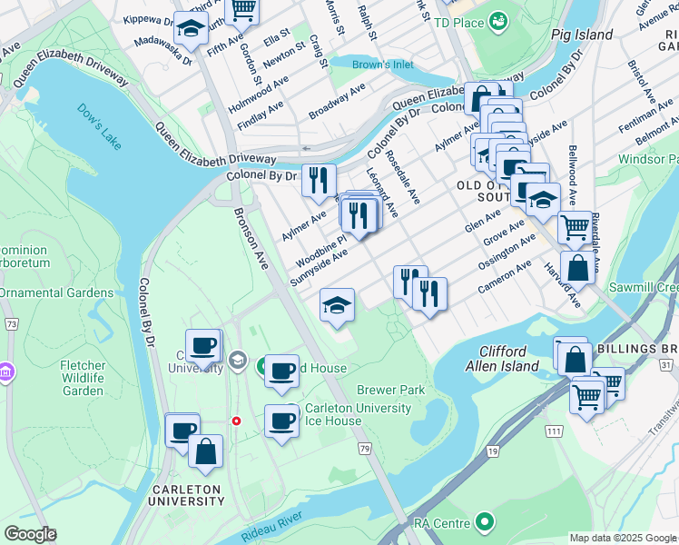 map of restaurants, bars, coffee shops, grocery stores, and more near in Ottawa