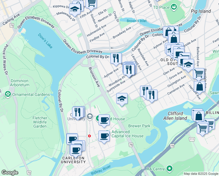 map of restaurants, bars, coffee shops, grocery stores, and more near 101 Sloan Avenue in Ottawa