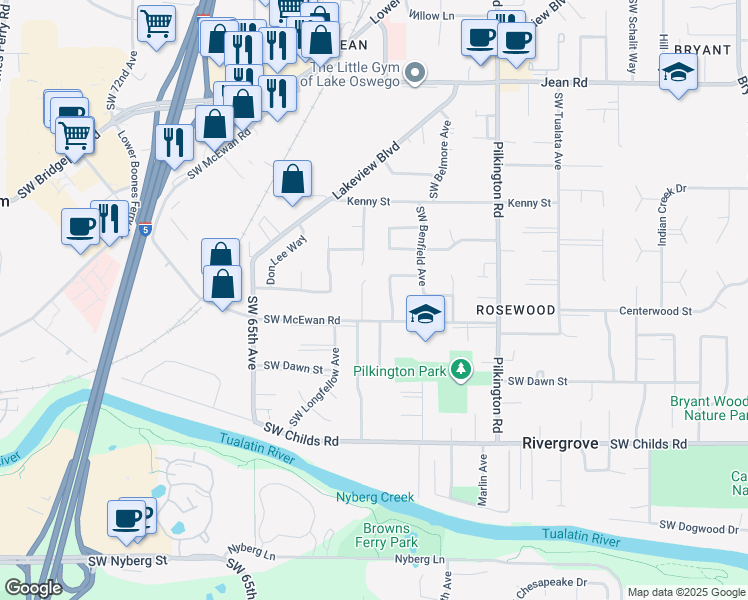 map of restaurants, bars, coffee shops, grocery stores, and more near 6135 Southwest McEwan Road in Lake Oswego