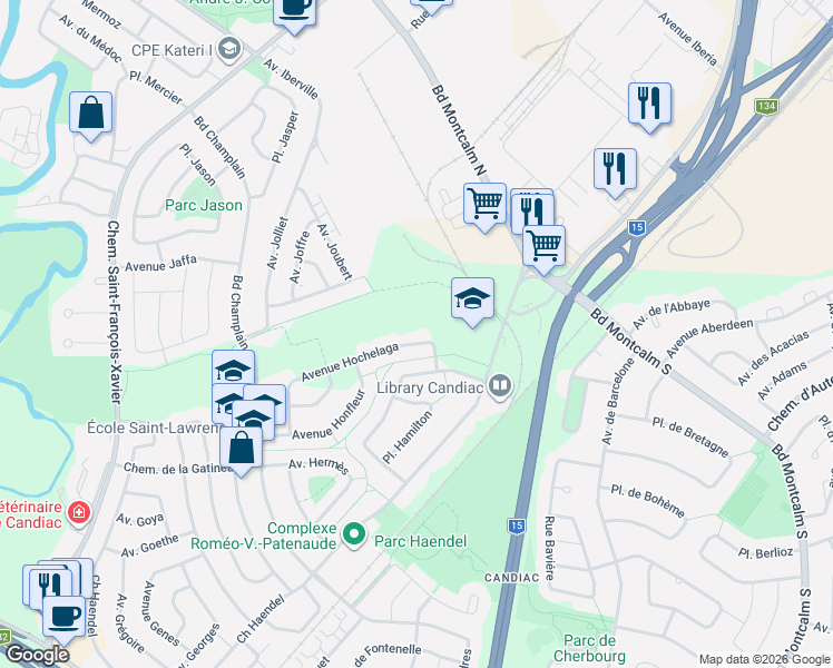map of restaurants, bars, coffee shops, grocery stores, and more near 17 Avenue d'Hochelaga in Candiac