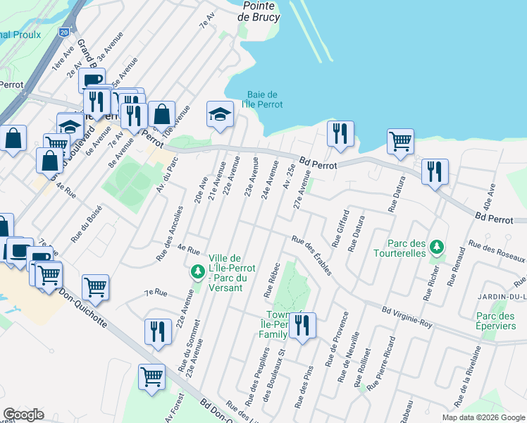 map of restaurants, bars, coffee shops, grocery stores, and more near 261 24e Avenue in L'Île-Perrot