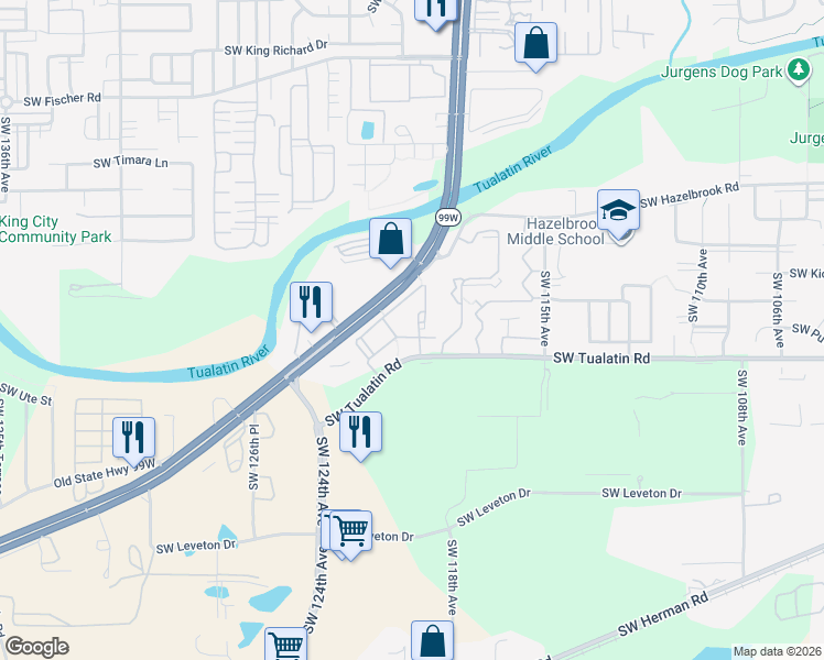 map of restaurants, bars, coffee shops, grocery stores, and more near 11999 Southwest Tualatin Road in Tualatin