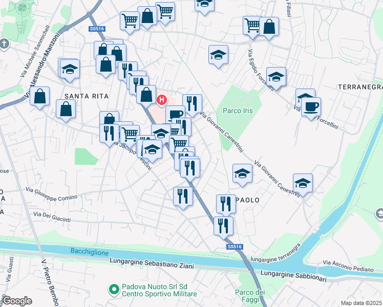 map of restaurants, bars, coffee shops, grocery stores, and more near 31 Via Pietro Brandolese in Padova