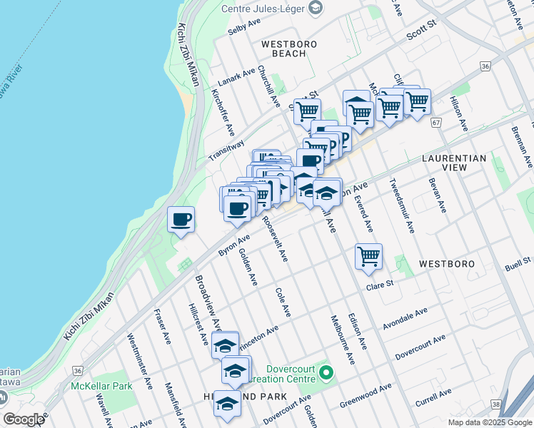 map of restaurants, bars, coffee shops, grocery stores, and more near in Ottawa