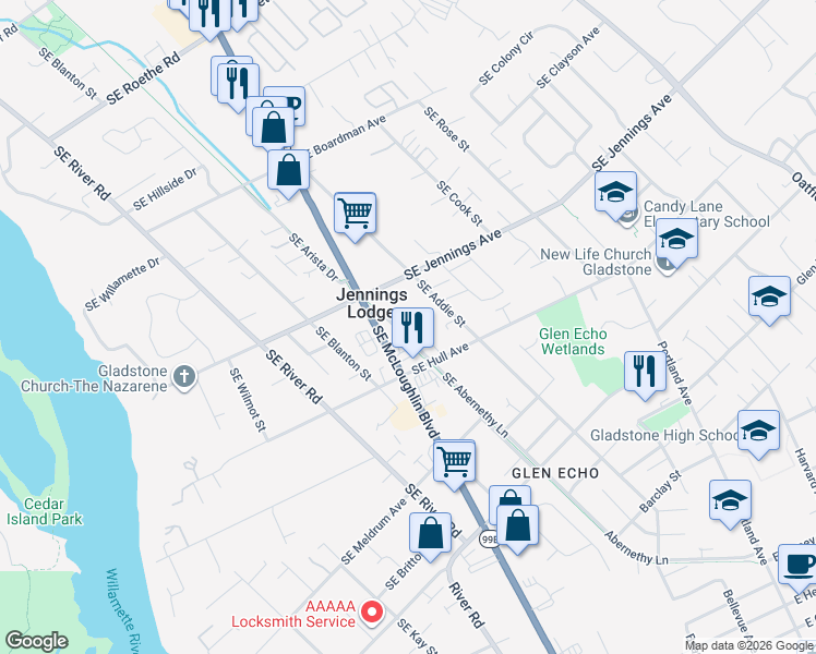 map of restaurants, bars, coffee shops, grocery stores, and more near 18410 Southeast McLoughlin Boulevard in Milwaukie
