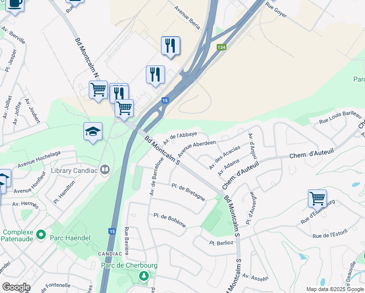 map of restaurants, bars, coffee shops, grocery stores, and more near 3 Avenue d'Aberdeen in Candiac