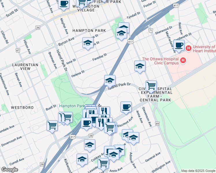 map of restaurants, bars, coffee shops, grocery stores, and more near 645 Island Park Drive in Ottawa