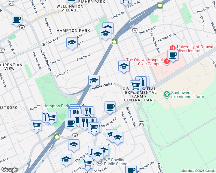 map of restaurants, bars, coffee shops, grocery stores, and more near 694 Island Park Drive in Ottawa