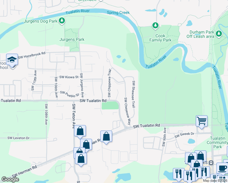 map of restaurants, bars, coffee shops, grocery stores, and more near 17885 Southwest Sioux Court in Tualatin