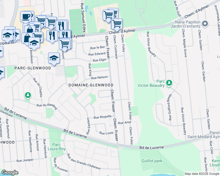 map of restaurants, bars, coffee shops, grocery stores, and more near 1 Rue Chapel in Gatineau