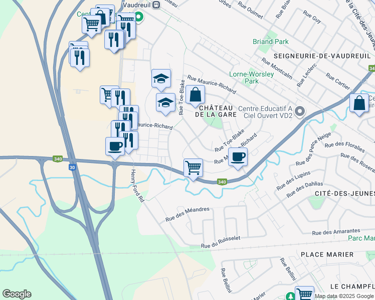 map of restaurants, bars, coffee shops, grocery stores, and more near 114 Rue Jacques-Plante in Vaudreuil-Dorion