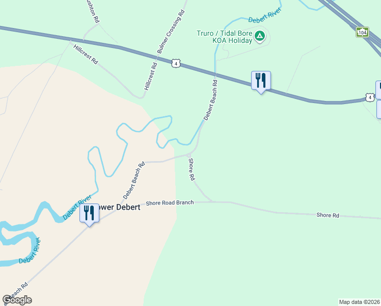 map of restaurants, bars, coffee shops, grocery stores, and more near 18 Shore Road in Debert