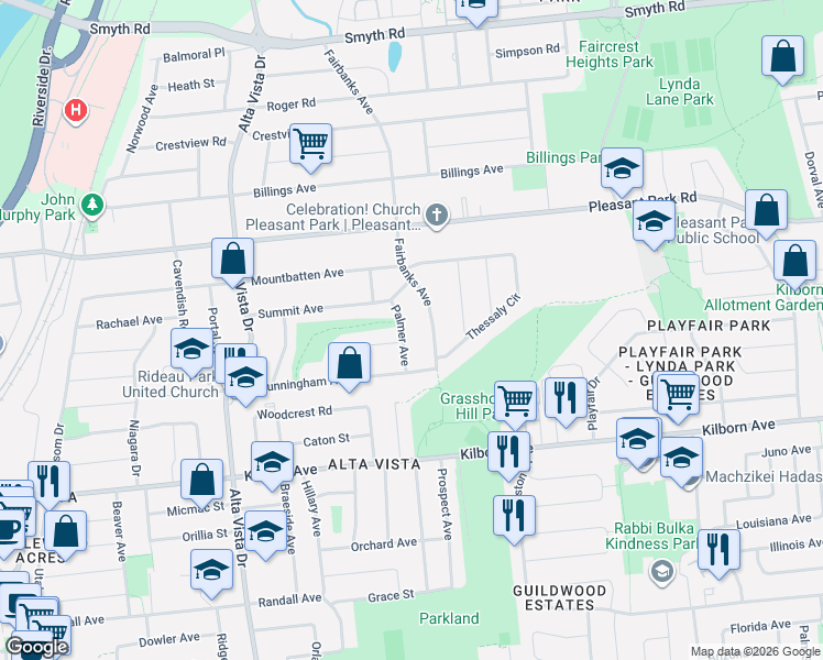 map of restaurants, bars, coffee shops, grocery stores, and more near 2103 Palmer Avenue in Ottawa