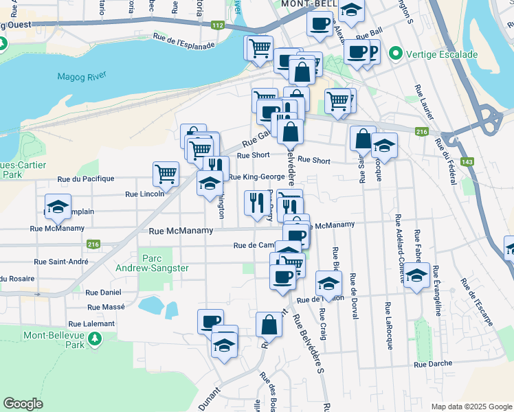 map of restaurants, bars, coffee shops, grocery stores, and more near 1032 Rue de Courcelette in Sherbrooke