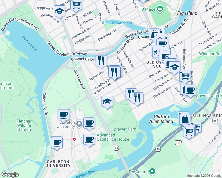 map of restaurants, bars, coffee shops, grocery stores, and more near 177 Hopewell Avenue in Ottawa