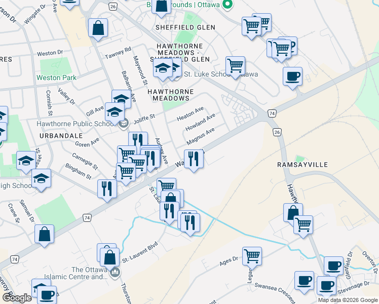 map of restaurants, bars, coffee shops, grocery stores, and more near 3209 Walkley Road in Ottawa