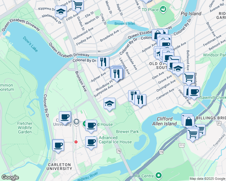 map of restaurants, bars, coffee shops, grocery stores, and more near 151 Brewer Way in Ottawa