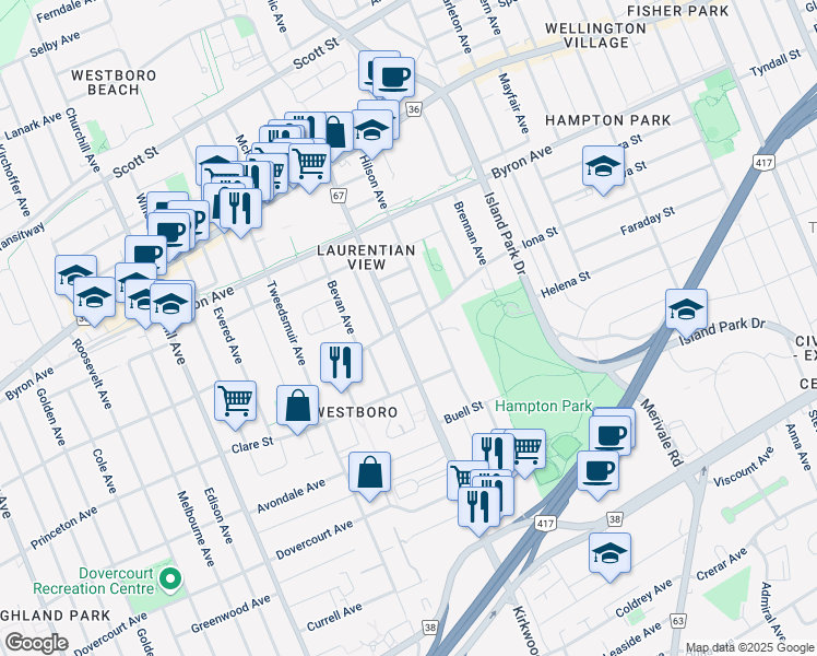 map of restaurants, bars, coffee shops, grocery stores, and more near 266 Iona Street in Ottawa
