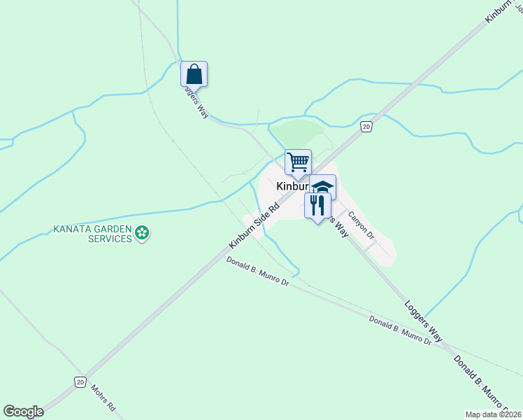 map of restaurants, bars, coffee shops, grocery stores, and more near 3128 Kinburn Side Road in Kinburn