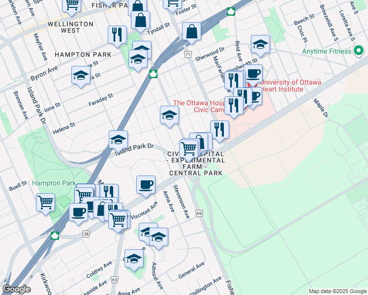 map of restaurants, bars, coffee shops, grocery stores, and more near 448 Holland Avenue in Ottawa