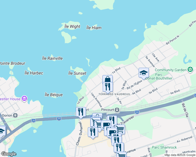 map of restaurants, bars, coffee shops, grocery stores, and more near 21 3e Avenue in Montérégie