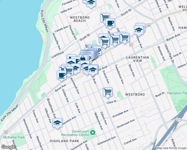 map of restaurants, bars, coffee shops, grocery stores, and more near 437 Churchill Avenue North in Ottawa
