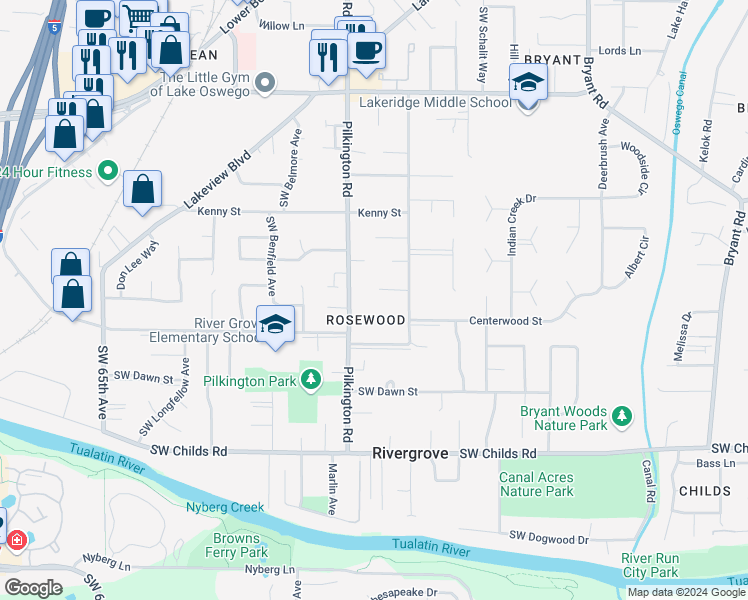 map of restaurants, bars, coffee shops, grocery stores, and more near 18430 Pilkington Road in Lake Oswego