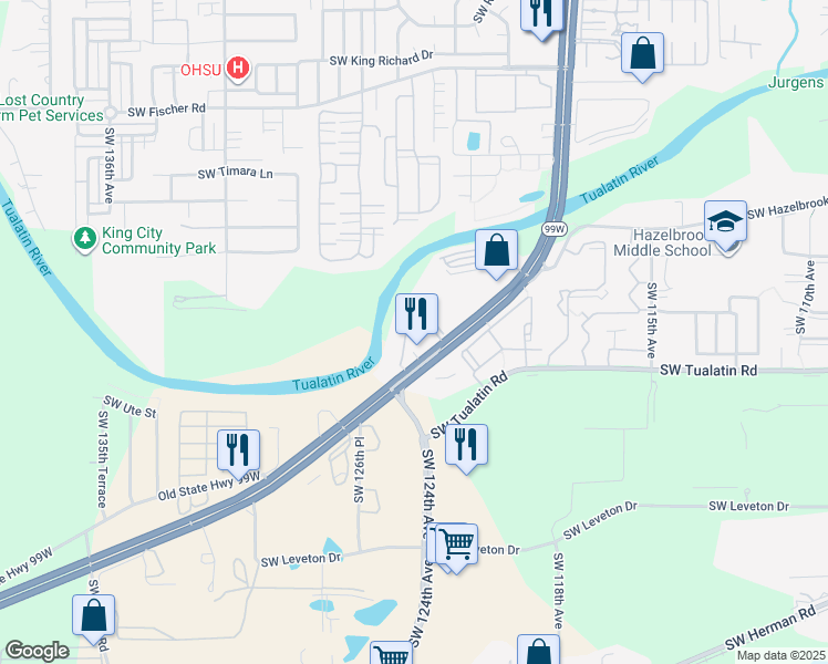map of restaurants, bars, coffee shops, grocery stores, and more near 17865 Southwest Pacific Highway in Tualatin