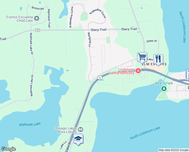 map of restaurants, bars, coffee shops, grocery stores, and more near 11900 Lake Lane in Lindstrom